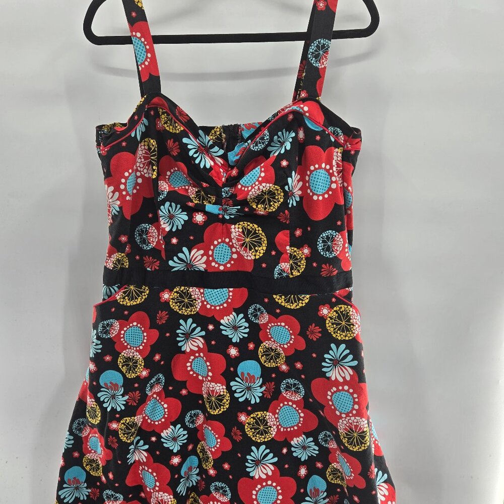 Retro Rockabilly Black Red Blue Flowers V-Neck Fit and Flare Dress Large
